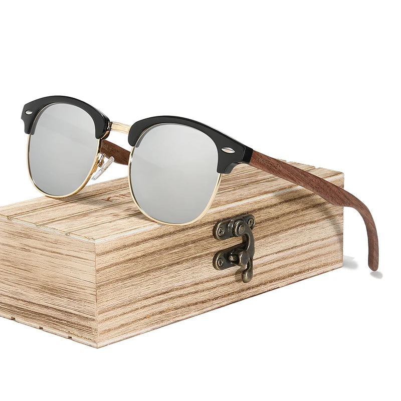 polarized wooden sunglasses, round frame sunglasses, UV400 protection, eco-friendly eyewear, handmade walnut sunglasses, vintage fashion sunglasses, men's wooden sunglasses, outdoor sunglasses, TAC lenses, retro circular sunglasses