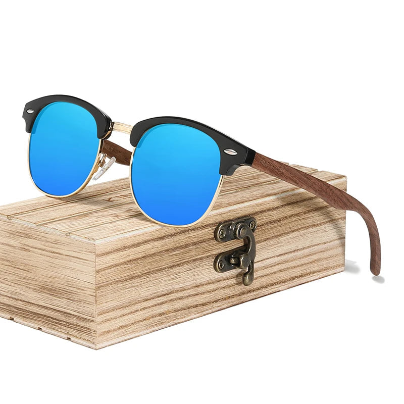 polarized wooden sunglasses, round frame sunglasses, UV400 protection, eco-friendly eyewear, handmade walnut sunglasses, vintage fashion sunglasses, men's wooden sunglasses, outdoor sunglasses, TAC lenses, retro circular sunglasses