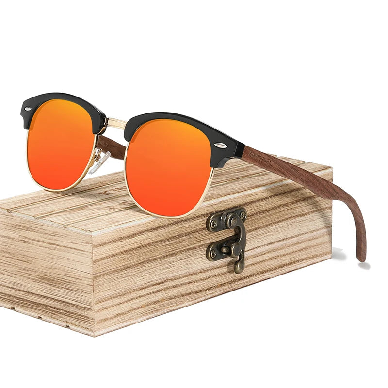 polarized wooden sunglasses, round frame sunglasses, UV400 protection, eco-friendly eyewear, handmade walnut sunglasses, vintage fashion sunglasses, men's wooden sunglasses, outdoor sunglasses, TAC lenses, retro circular sunglasses