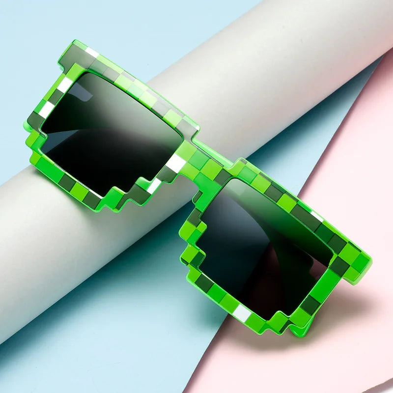 pixel sunglasses, novelty mosaic eyewear, trendy funny goggles, retro pixelated glasses, mirrored lenses, gamer fashion sunglasses, square pixel glasses, party sunglasses, casual fun eyewear, creative statement sunglasses