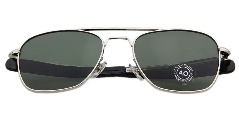Retro Pilot Sunglasses, Green AO Sunglasses, Luxury Military Shades, Designer Men's Sunglasses, UV400 Protection, Optical Glass Lens Shades, Trendy Pilot Eyewear, Alloy Frame Sunglasses, American Army Style Glasses, Fashion Sunglasses for Men