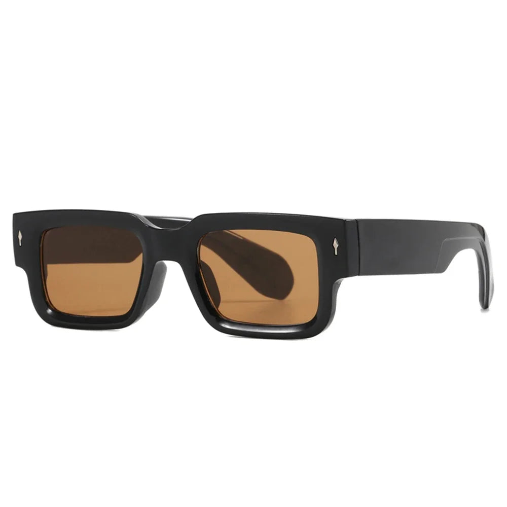 retro square sunglasses, UV400 protection, vintage luxury sunglasses, rectangular frame shades, polycarbonate sunglasses, unisex outdoor eyewear, designer rivet sunglasses, trendy arrow accents, men and women sunglasses, fashion sunglasses.