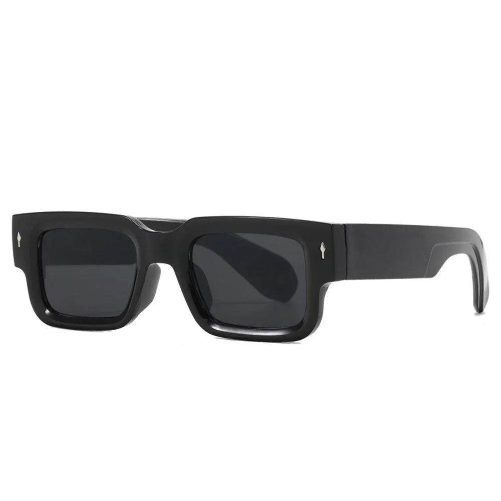 retro square sunglasses, UV400 protection, vintage luxury sunglasses, rectangular frame shades, polycarbonate sunglasses, unisex outdoor eyewear, designer rivet sunglasses, trendy arrow accents, men and women sunglasses, fashion sunglasses.