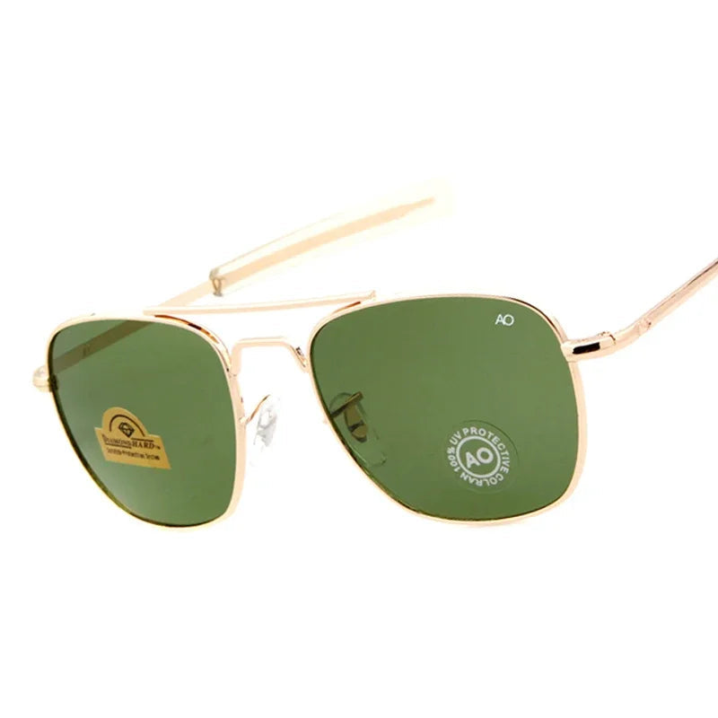 Retro Pilot Sunglasses, Green AO Sunglasses, Luxury Military Shades, Designer Men's Sunglasses, UV400 Protection, Optical Glass Lens Shades, Trendy Pilot Eyewear, Alloy Frame Sunglasses, American Army Style Glasses, Fashion Sunglasses for Men