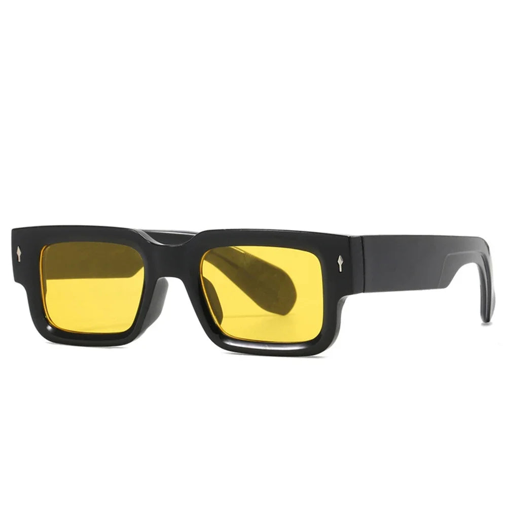 retro square sunglasses, UV400 protection, vintage luxury sunglasses, rectangular frame shades, polycarbonate sunglasses, unisex outdoor eyewear, designer rivet sunglasses, trendy arrow accents, men and women sunglasses, fashion sunglasses.