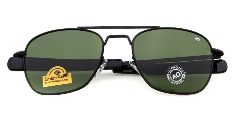 Retro Pilot Sunglasses, Green AO Sunglasses, Luxury Military Shades, Designer Men's Sunglasses, UV400 Protection, Optical Glass Lens Shades, Trendy Pilot Eyewear, Alloy Frame Sunglasses, American Army Style Glasses, Fashion Sunglasses for Men