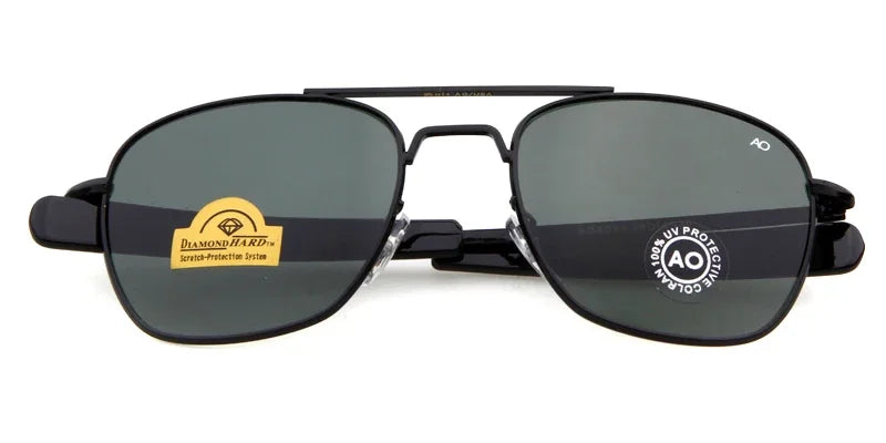 Retro Pilot Sunglasses, Green AO Sunglasses, Luxury Military Shades, Designer Men's Sunglasses, UV400 Protection, Optical Glass Lens Shades, Trendy Pilot Eyewear, Alloy Frame Sunglasses, American Army Style Glasses, Fashion Sunglasses for Men