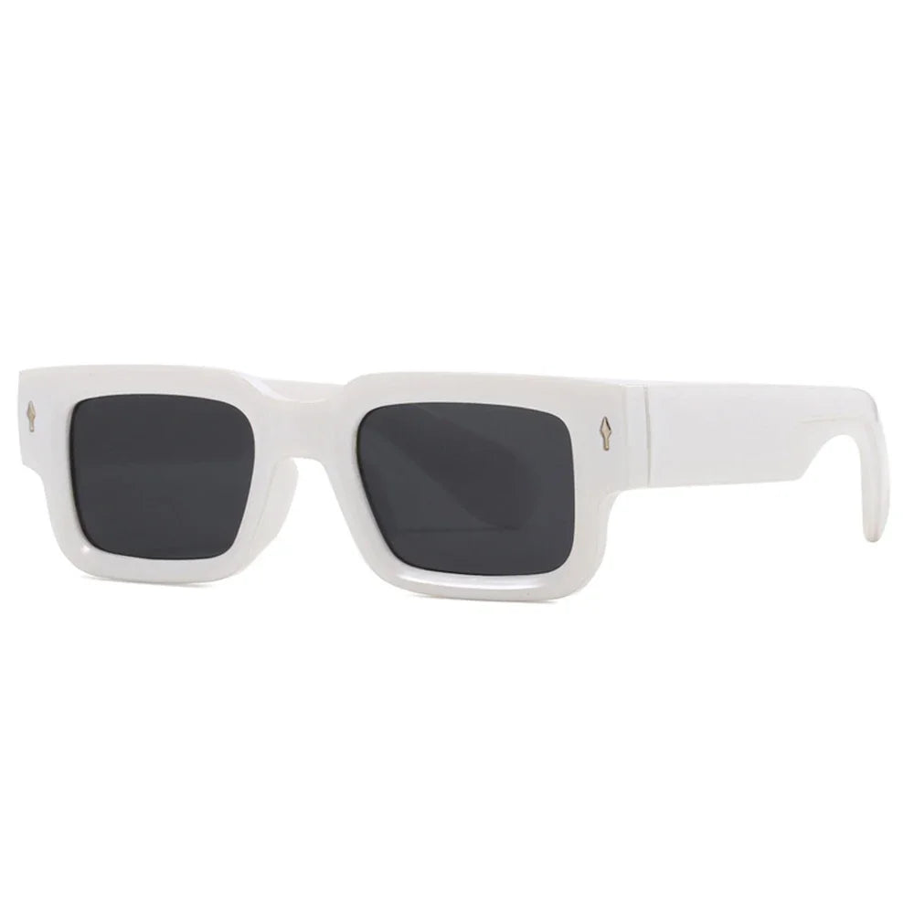 retro square sunglasses, UV400 protection, vintage luxury sunglasses, rectangular frame shades, polycarbonate sunglasses, unisex outdoor eyewear, designer rivet sunglasses, trendy arrow accents, men and women sunglasses, fashion sunglasses.