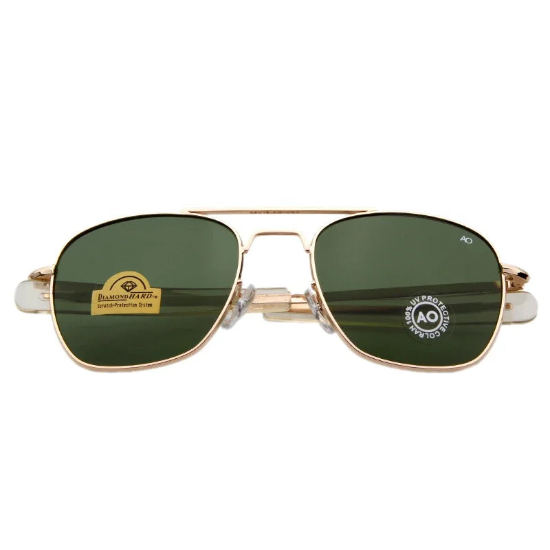 Retro Pilot Sunglasses, Green AO Sunglasses, Luxury Military Shades, Designer Men's Sunglasses, UV400 Protection, Optical Glass Lens Shades, Trendy Pilot Eyewear, Alloy Frame Sunglasses, American Army Style Glasses, Fashion Sunglasses for Men