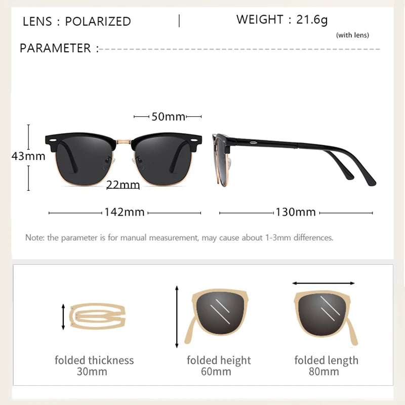 folded polarized sunglasses, classic designer sunglasses, UV400 protection sunglasses, outdoor sports eyewear, acetate frame sunglasses, men's polarized sunglasses, women's fashion sunglasses, anti-reflective lenses, gradient lenses, polaroid sunglasses