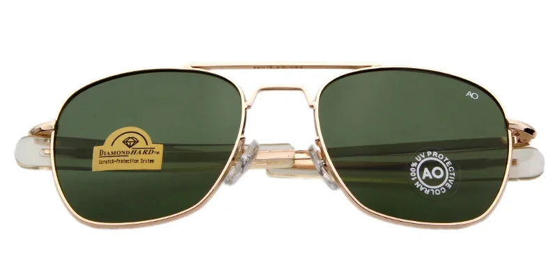 Retro Pilot Sunglasses, Green AO Sunglasses, Luxury Military Shades, Designer Men's Sunglasses, UV400 Protection, Optical Glass Lens Shades, Trendy Pilot Eyewear, Alloy Frame Sunglasses, American Army Style Glasses, Fashion Sunglasses for Men