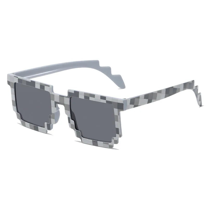 pixel sunglasses, novelty mosaic eyewear, trendy funny goggles, retro pixelated glasses, mirrored lenses, gamer fashion sunglasses, square pixel glasses, party sunglasses, casual fun eyewear, creative statement sunglasses
