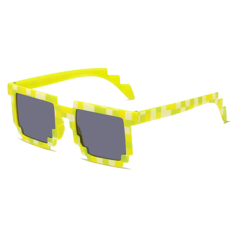 pixel sunglasses, novelty mosaic eyewear, trendy funny goggles, retro pixelated glasses, mirrored lenses, gamer fashion sunglasses, square pixel glasses, party sunglasses, casual fun eyewear, creative statement sunglasses