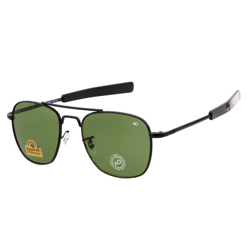 Retro Pilot Sunglasses, Green AO Sunglasses, Luxury Military Shades, Designer Men's Sunglasses, UV400 Protection, Optical Glass Lens Shades, Trendy Pilot Eyewear, Alloy Frame Sunglasses, American Army Style Glasses, Fashion Sunglasses for Men