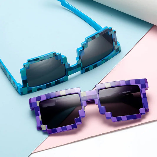 pixel sunglasses, novelty mosaic eyewear, trendy funny goggles, retro pixelated glasses, mirrored lenses, gamer fashion sunglasses, square pixel glasses, party sunglasses, casual fun eyewear, creative statement sunglasses