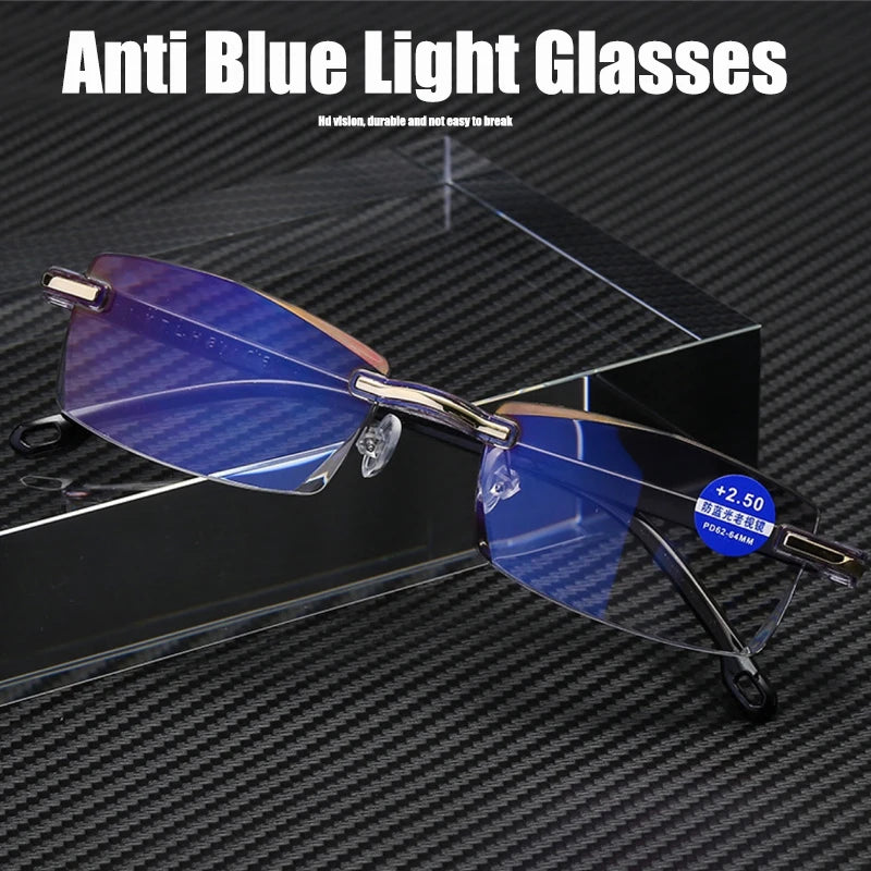 blue light glasses, anti blue light, gaming glasses, computer glasses, eyewear strain, men’s glasses, rimless glasses, acrylic lenses, clear gaming glasses, eye comfort