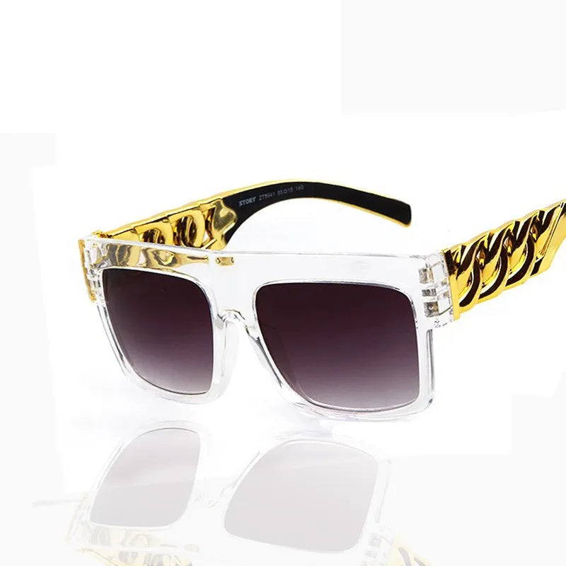 celebrity sunglasses, gold frame shades, flat top sunglasses, UV400 eyewear, designer-inspired shades, gradient lens sunglasses, men's sunglasses, women's sunglasses, hip hop style sunglasses, retro square sunglasses