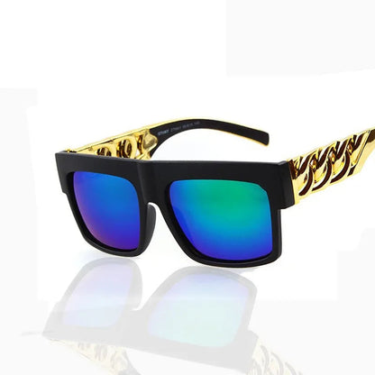 celebrity sunglasses, gold frame shades, flat top sunglasses, UV400 eyewear, designer-inspired shades, gradient lens sunglasses, men's sunglasses, women's sunglasses, hip hop style sunglasses, retro square sunglasses