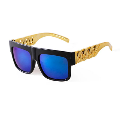 celebrity sunglasses, gold frame shades, flat top sunglasses, UV400 eyewear, designer-inspired shades, gradient lens sunglasses, men's sunglasses, women's sunglasses, hip hop style sunglasses, retro square sunglasses