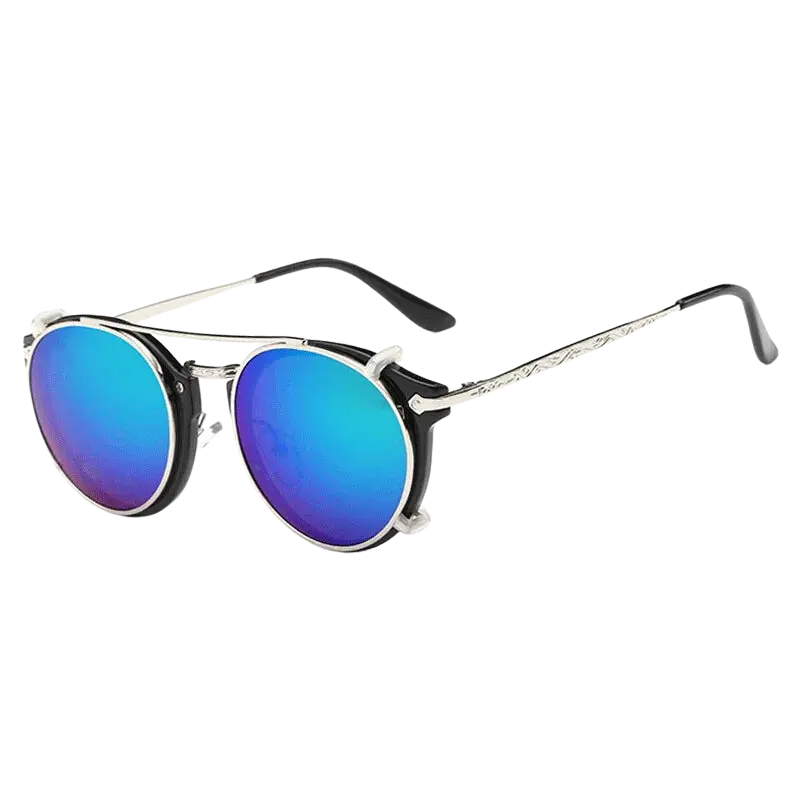 steampunk sunglasses, round clip-on sunglasses, UV400 protection, vintage eyewear, detachable lenses, retro fashion, unisex sunglasses, polycarbonate lenses, anti-reflective shades, stylish sun glasses