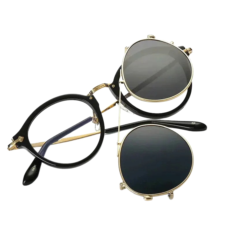 steampunk sunglasses, round clip-on sunglasses, UV400 protection, vintage eyewear, detachable lenses, retro fashion, unisex sunglasses, polycarbonate lenses, anti-reflective shades, stylish sun glasses