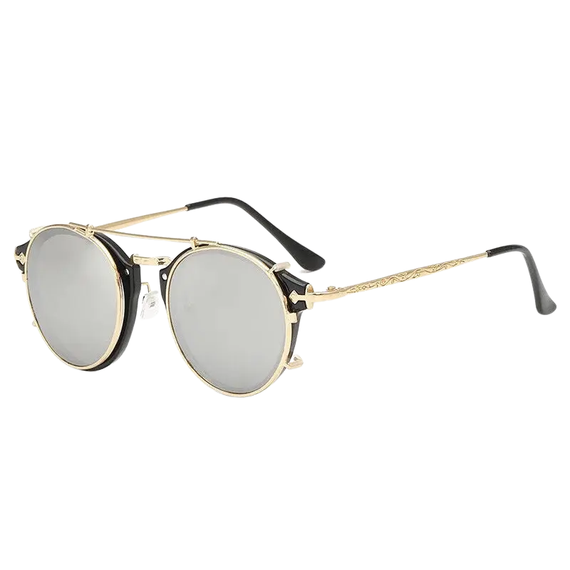 steampunk sunglasses, round clip-on sunglasses, UV400 protection, vintage eyewear, detachable lenses, retro fashion, unisex sunglasses, polycarbonate lenses, anti-reflective shades, stylish sun glasses