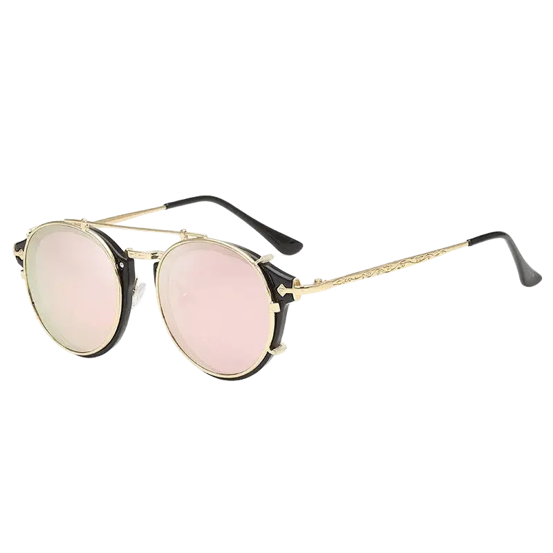 steampunk sunglasses, round clip-on sunglasses, UV400 protection, vintage eyewear, detachable lenses, retro fashion, unisex sunglasses, polycarbonate lenses, anti-reflective shades, stylish sun glasses