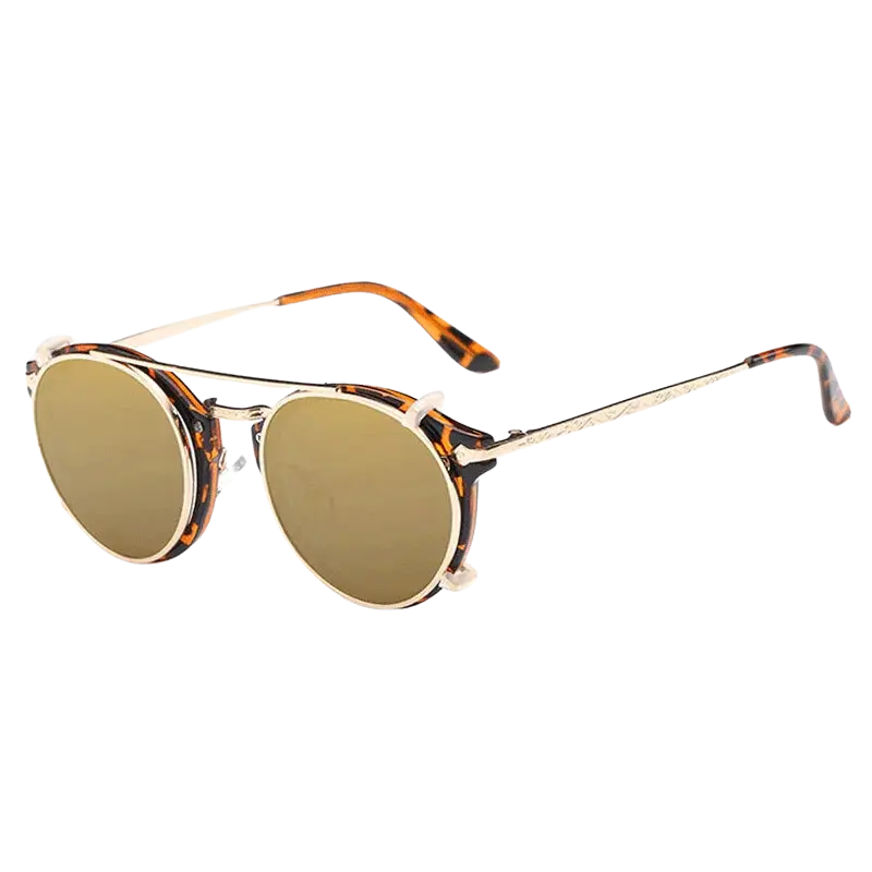 steampunk sunglasses, round clip-on sunglasses, UV400 protection, vintage eyewear, detachable lenses, retro fashion, unisex sunglasses, polycarbonate lenses, anti-reflective shades, stylish sun glasses