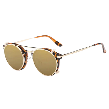 steampunk sunglasses, round clip-on sunglasses, UV400 protection, vintage eyewear, detachable lenses, retro fashion, unisex sunglasses, polycarbonate lenses, anti-reflective shades, stylish sun glasses