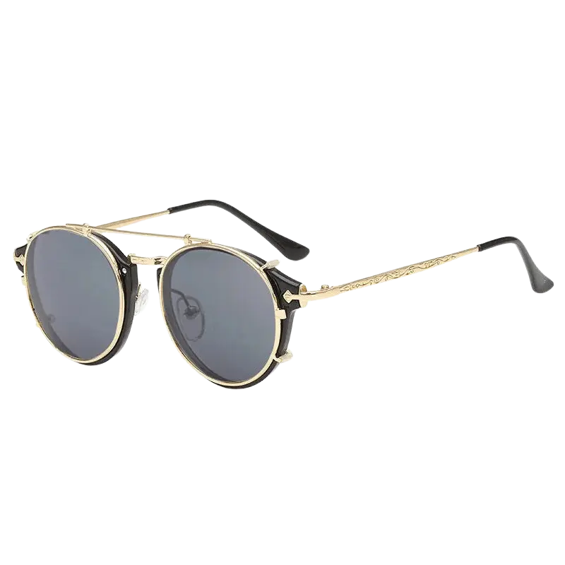 steampunk sunglasses, round clip-on sunglasses, UV400 protection, vintage eyewear, detachable lenses, retro fashion, unisex sunglasses, polycarbonate lenses, anti-reflective shades, stylish sun glasses