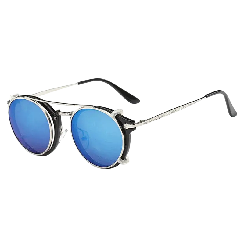 steampunk sunglasses, round clip-on sunglasses, UV400 protection, vintage eyewear, detachable lenses, retro fashion, unisex sunglasses, polycarbonate lenses, anti-reflective shades, stylish sun glasses