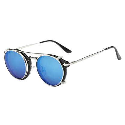 steampunk sunglasses, round clip-on sunglasses, UV400 protection, vintage eyewear, detachable lenses, retro fashion, unisex sunglasses, polycarbonate lenses, anti-reflective shades, stylish sun glasses