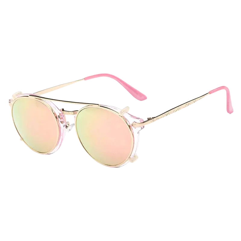 steampunk sunglasses, round clip-on sunglasses, UV400 protection, vintage eyewear, detachable lenses, retro fashion, unisex sunglasses, polycarbonate lenses, anti-reflective shades, stylish sun glasses