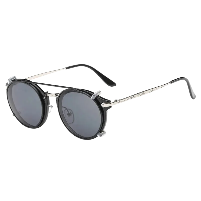 steampunk sunglasses, round clip-on sunglasses, UV400 protection, vintage eyewear, detachable lenses, retro fashion, unisex sunglasses, polycarbonate lenses, anti-reflective shades, stylish sun glasses