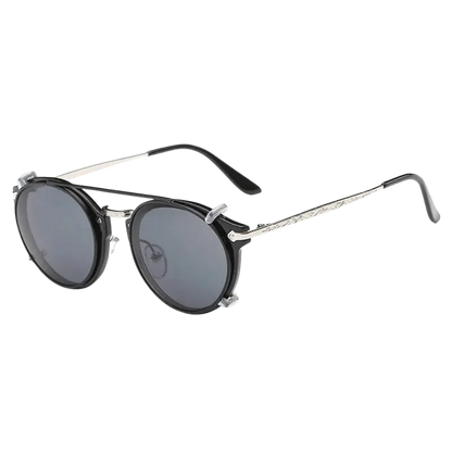 steampunk sunglasses, round clip-on sunglasses, UV400 protection, vintage eyewear, detachable lenses, retro fashion, unisex sunglasses, polycarbonate lenses, anti-reflective shades, stylish sun glasses