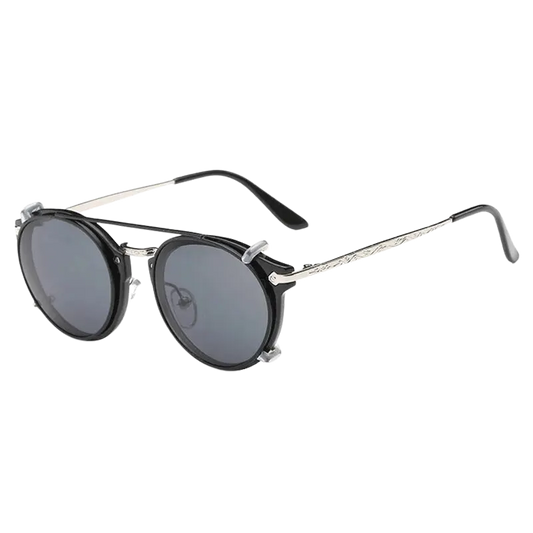 steampunk sunglasses, round clip-on sunglasses, UV400 protection, vintage eyewear, detachable lenses, retro fashion, unisex sunglasses, polycarbonate lenses, anti-reflective shades, stylish sun glasses