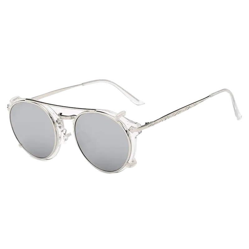 steampunk sunglasses, round clip-on sunglasses, UV400 protection, vintage eyewear, detachable lenses, retro fashion, unisex sunglasses, polycarbonate lenses, anti-reflective shades, stylish sun glasses