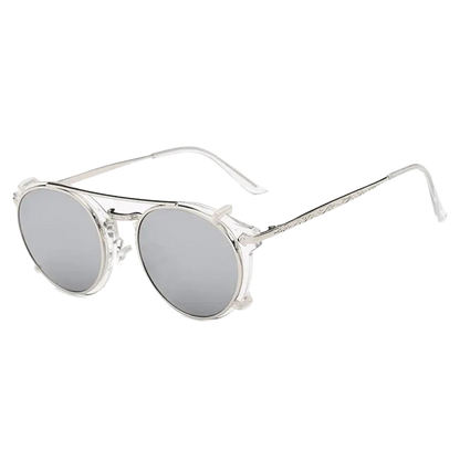 steampunk sunglasses, round clip-on sunglasses, UV400 protection, vintage eyewear, detachable lenses, retro fashion, unisex sunglasses, polycarbonate lenses, anti-reflective shades, stylish sun glasses